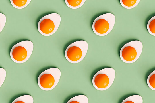 top-down view of 3D render of boiled eggs cut in half