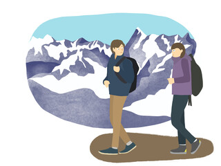 雪山登山をする男女ペアのイラスト