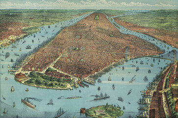 Old vintage colorful map of New York City with the Brooklyn bridge dated back to 1876