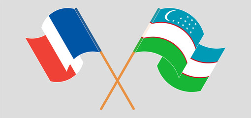 Crossed and waving flags of France and Uzbekistan