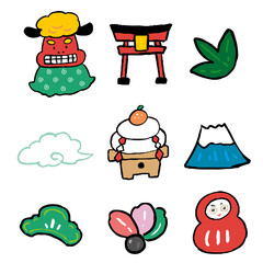 お正月のシンプルなイラストアイコンセット