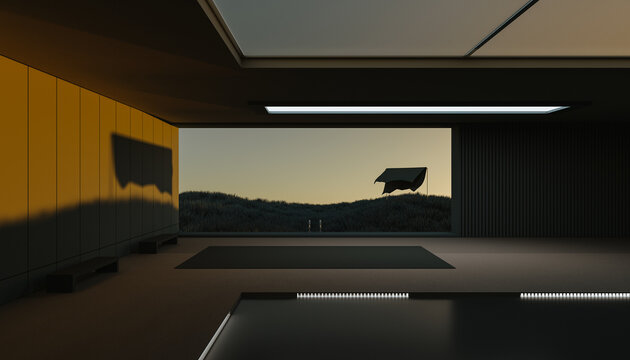 Minimal architectural space at sunset