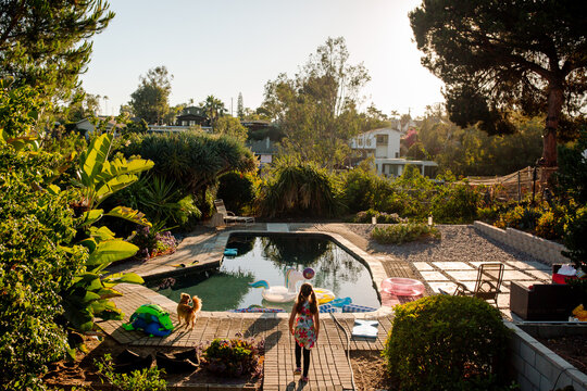 Young girl and dog by backyard pool