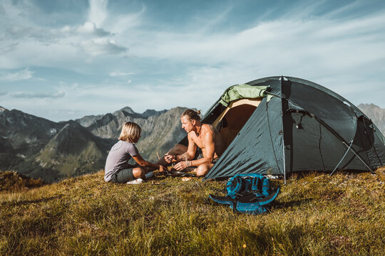 father and son camping