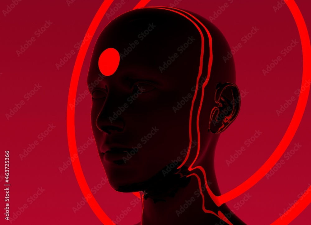 Poster Surrealistic 3D portrait of an artificial human or robot with many halos around its head.