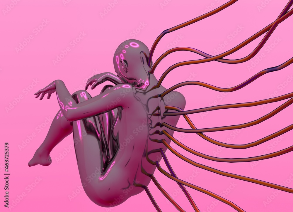 Poster an artificial human in a fetal position with wires coming from the body. concept of transhumanism an