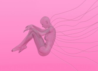 An artificial human in a fetal position with wires coming from the body. Concept of transhumanism and posthuman. 3D illustration.