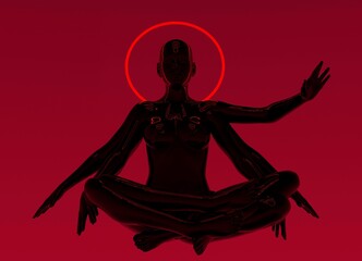 Surrealistic goddess in a lotus pose with many hands and a halo. The concept of a chthonic deity. 3D illustration.