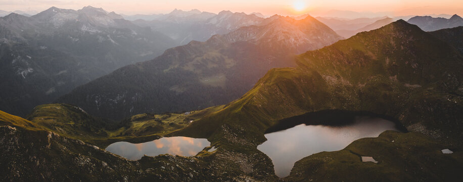 pano shot of mountain lakes at sunset