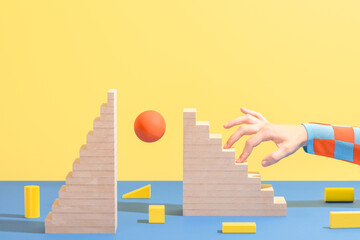 Hand climbing wooden stairs