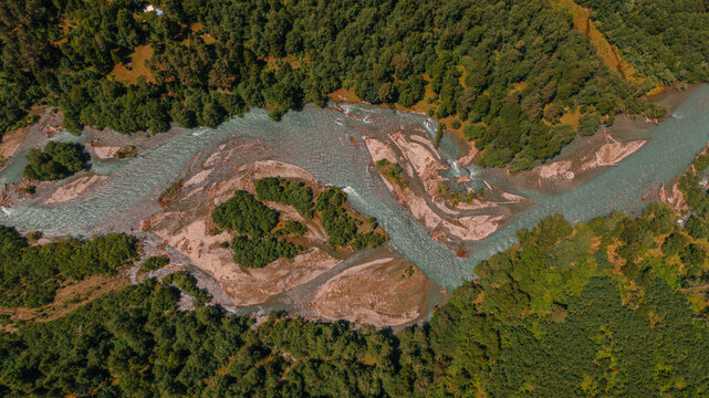 top-down view of a river running through the forest 