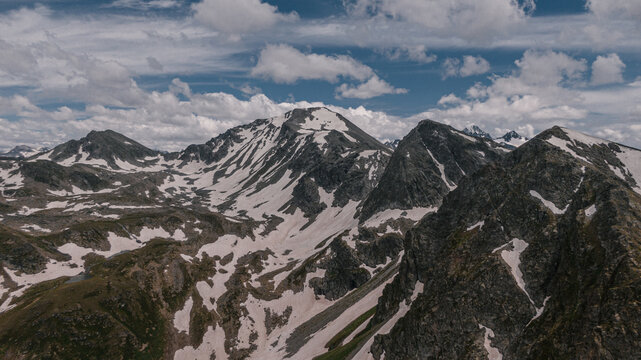 aerial mountain landscape, snow-covered summits