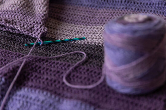 Purple yarn and crochet hook 