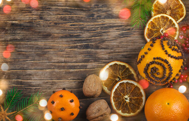Fototapeta na wymiar Christmas background with citrus, top view, copy space.