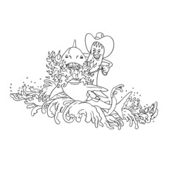 Vintage tattoo style illustration of a cowboy hot chili pepper riding a great white shark breathing fire on a saddle jumping up with waves on isolated white background done in black and white.