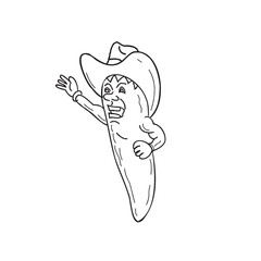 Vintage tattoo style illustration of a jalapeno chili pepper wearing a cowboy hat, smiling and waving hello on isolated white background done in black and white.
