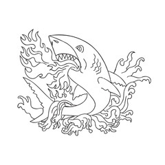 Vintage tattoo style illustration of a great white shark breathing fire jumping up with waves on isolated white background done in black and white.