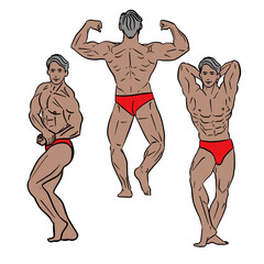 ボディービルのポーズ、アブドミナルアンドサイ、サイドチェスト、ダブルバイセップバック、をとるアジア人のロマンスグレーの男性ボディービルダーのコミック調のシンプルな線画イラストのセット