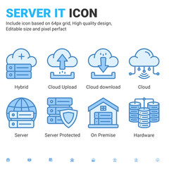 Server IT and technology icon set. Editable size. With blue ui style on isolated white background. Server IT icon set contains such icons as cloud, hybrid, server, hardware, on premise and other