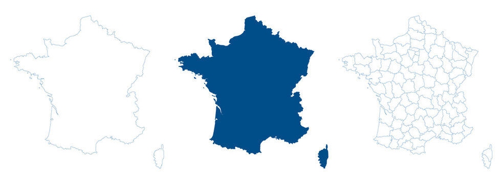 France map vector. High detailed vector outline, blue silhouette and administrative departments. All isolated on white background