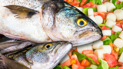 Close up of anchovy fish and colorful salad.