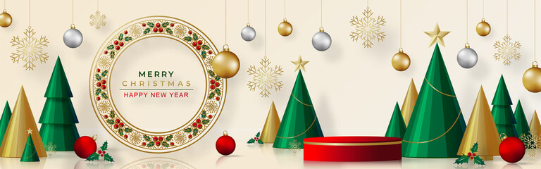 Podium round stage style, for Merry christmas and happy new year and festivals or greeting festival with red paper cut art and craft on color backgroung with festive elements.