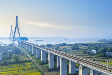 modern railway bridge landscape at dusk