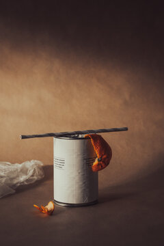 Styled Trash Can And Food Scraps Still Life