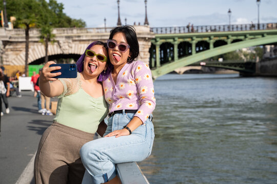 Stylish Girls Taking Selfie In Paris