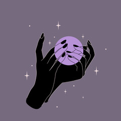 Kobiece dłonie z czarnymi paznokciami trzymające kulę lub księżyc. Delikatny gest w minimalistycznym stylu. Koncept kobiecości. Mistyczna, ezoteryczna ilustracja wektorowa. Wróżba, magia.