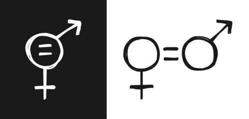 Gender equality icon.White, black of male and female symbols, with an equal sign hand drawn isolated on black, white background. Rights gender equality symbol. Flat logo. Cartoon. Vector illustration.
