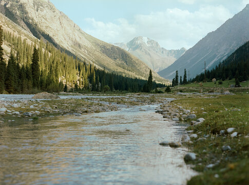 Scenic view of river in mountains of Kyrgyzstan
