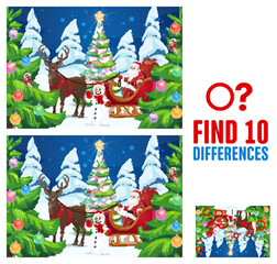 Child find ten differences game with Santa and Christmas tree. Kids logical riddle with comparing task, children holiday puzzle game. Santa in sleigh, reindeer and snowman characters cartoon vector