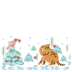 Obraz na płótnie Canvas Winter background with tigers, birds and green forest and fir trees. Vector illustration on the theme of winter, christmas, new year. Drawn by hand, template for calendar, postcard, banner