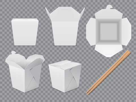 Asian noodle box package mockup. Isolated paper chinese takeaway food box set. White wok packaging with sticks. Vector 3d takeaway food packs and bamboo chopsticks, closed and open realistic boxes