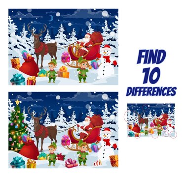 Kids Christmas find difference playing activity, holiday game with comparing and searching details task. Puzzle game with Santa riding sleigh, elfs and snowman characters, gifts on snow cartoon vector