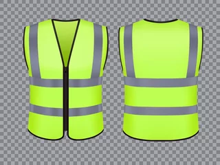 Foto op Canvas Safety vest jacket, isolated security, traffic and worker uniform wear, vector realistic mockup. Safety vest with retroreflective stripes of green color, security guard or personal protective uniform © Vector Tradition