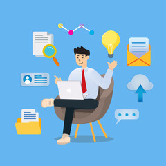 Man sitting on chair with laptop. Vector illustration. Flat modern design of social networking