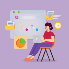 Woman sitting on chair with laptop. Vector illustration. Flat modern design of social networking