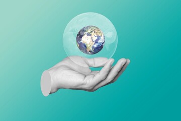 Digital collage modern art. Hand holding globe with bubble on a background