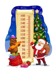 Kids height chart, Santa with gift bag growth meter. Vector wall sticker for children height measurement with cartoon characters Santa Claus and cute bear with sweet near decorated Christmas tree