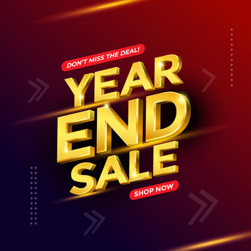 Year end sale, glossy gold text vector in 3d style isolated on dark background with reflection for marketing design. Text tilt to the top right.