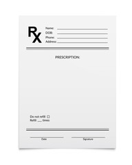 Medical prescription RX form, pharmacy and hospital realistic vector paper blank sheet. RX prescription or doctor and pharmacist note pad or medicine document to refill for patient drugs and pills - obrazy, fototapety, plakaty