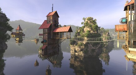 Amazing fantasy flying village 3d illustration and overgrown rocks