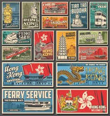 Fototapeta premium Hong Kong city travel posters, architecture landmarks, religion vector symbols and attractions. Hong Kong flag and coat of arms, ferry, dragon, peak tram, Buddha and sea goddess, Buddhist temple, junk
