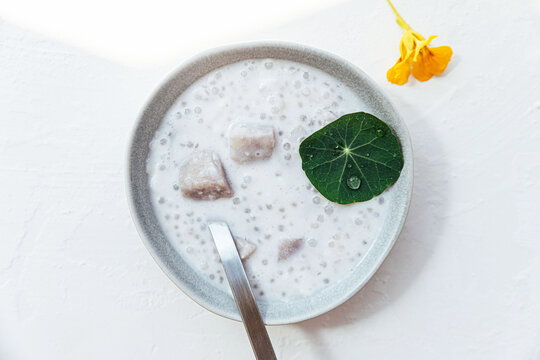 Coconut taro sago dessert in bowl
