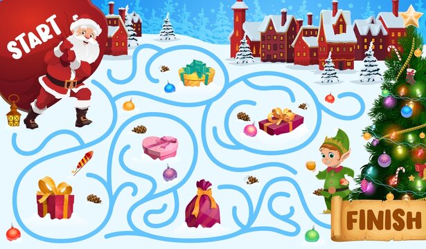 Children Christmas maze, labyrinth game with Santa and elf. Kids winter holiday riddle, search path game or playing activity. Santa carrying sack with gifts, decorated Christmas tree cartoon vector
