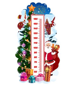 Kids height chart with Christmas tree and Santa, vector growth meter. Children height measure wall sticker or stadiometer with cartoon Santa, Xmas gift bag and present boxes, stars and snowflakes