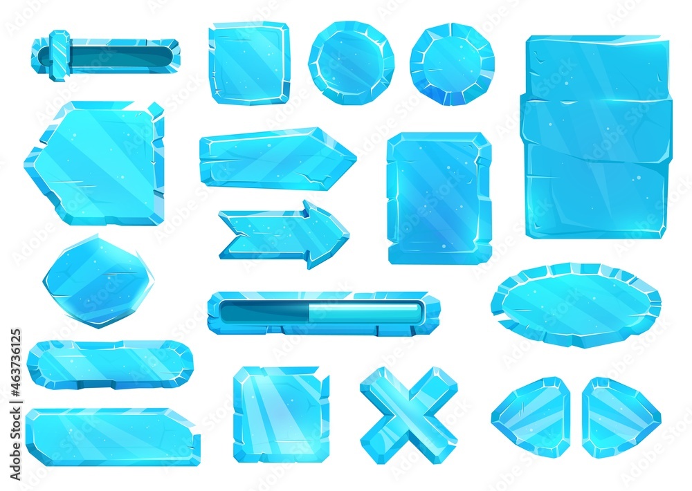 Poster ice crystal user panel interface, buttons, slider plates and arrow keys, vector game asset ui set. b