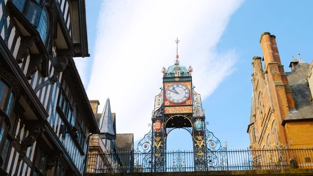 Closeup view of the Eastgate and Eastgate Clock in Chester, Cheshire, England, UK, on the site of Roman entrance of Deva Victrix